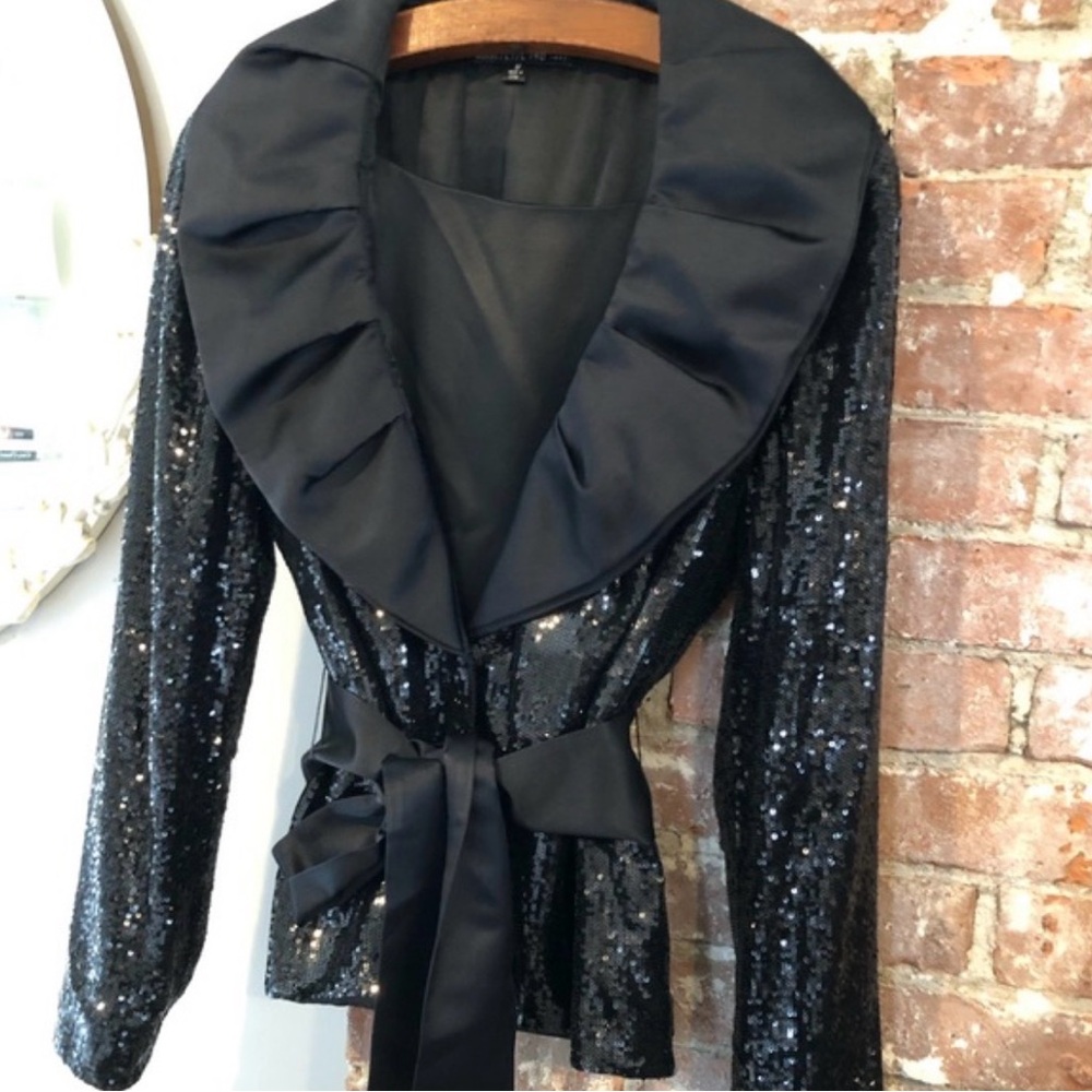 Lafayette 148 NY Sequin & Silk Lined Jacket Tie Waist Ruffle Collar Size Petite